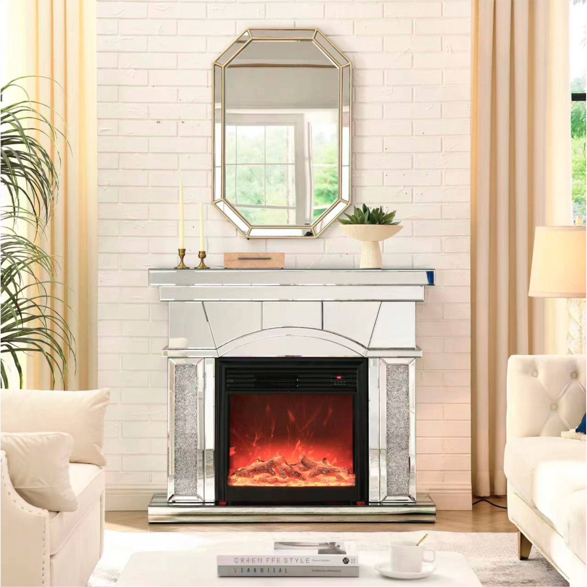 Everly Quinn W 46" X D 12.5" X H 41" Dome Door Acrylic Mirror Fireplace